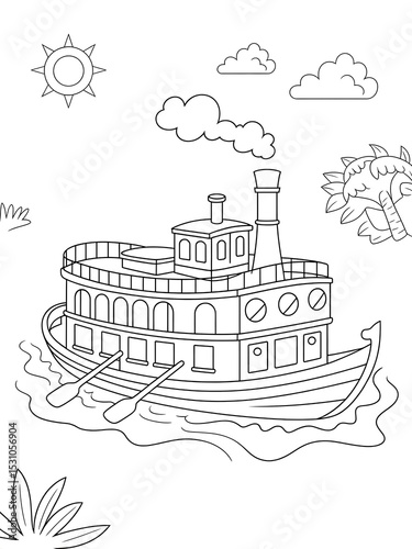 Black and White Line Art Paddle Steamer Boat Coloring Page Kids Sun Clouds Palm Trees ship vessel