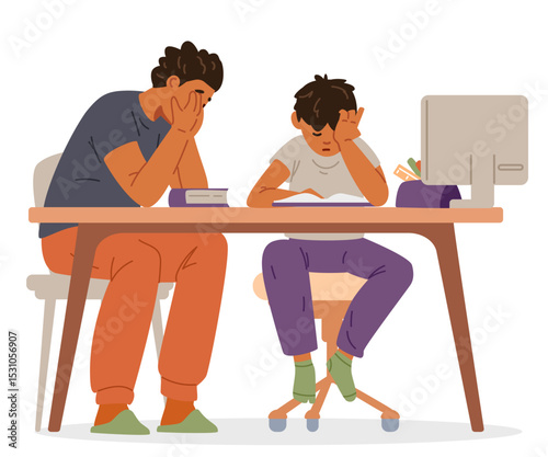 Asian father and son primary school boy both tired of doing homework sitting at desk flat vector illustration isolated on white.