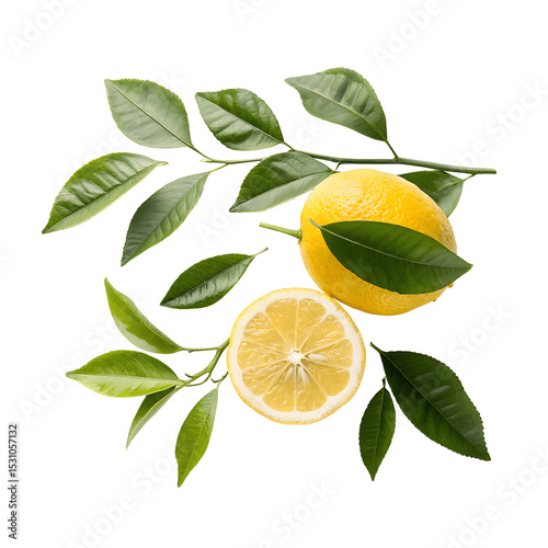 Bright yellow lemons with fresh green leaves, isolated on transparent background