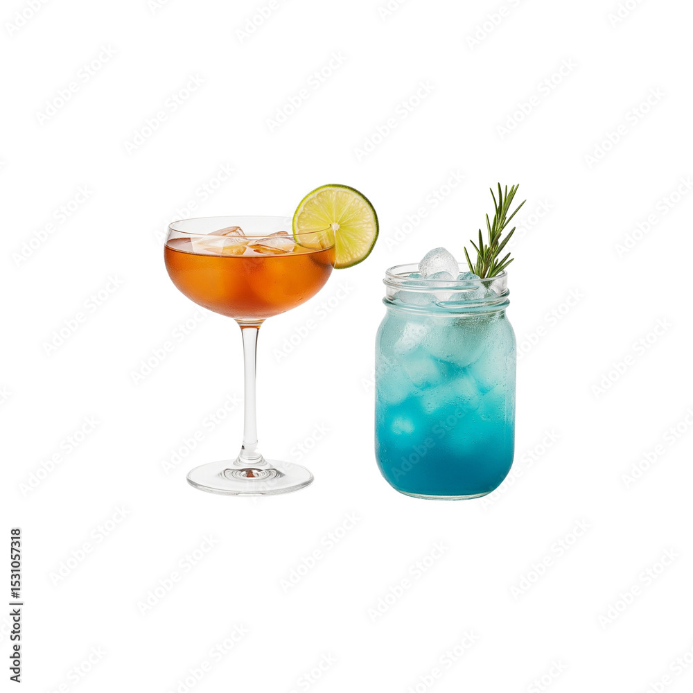 Fototapeta premium Two refreshing cocktails with ice and garnishes