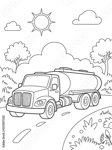 Black and White Line Art Tanker Truck on Road Coloring Page Kids Illustration Simple Landscape Sun Trees