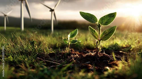 A close-up of young plants sprouting from the soil, with wind turbines in the background symbolizing green energy and sustainability. 