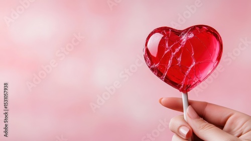 A vibrant red heart-shaped lollipop is held aloft against a soft pastel pink backdrop, capturing the essence of sweetness and love in a delightful treat.