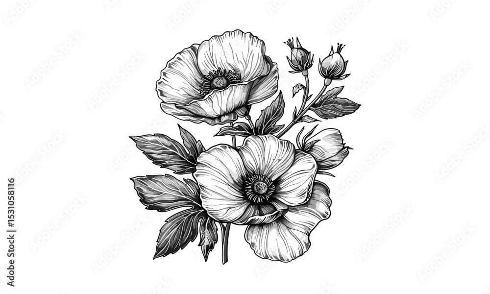 Fototapeta premium Flowering Viburnum Branch, Vintage Engraving Vector Illustration, Botanical Drawing, Heirloom Garden Plant, Rustic Floral Clipart, spring foliage, garden decor, transparent background.