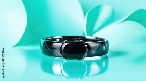A sleek black ring rests elegantly on a soft aqua background, elegantly combining simplicity and sophistication and appealing to those who appreciate minimalist design.