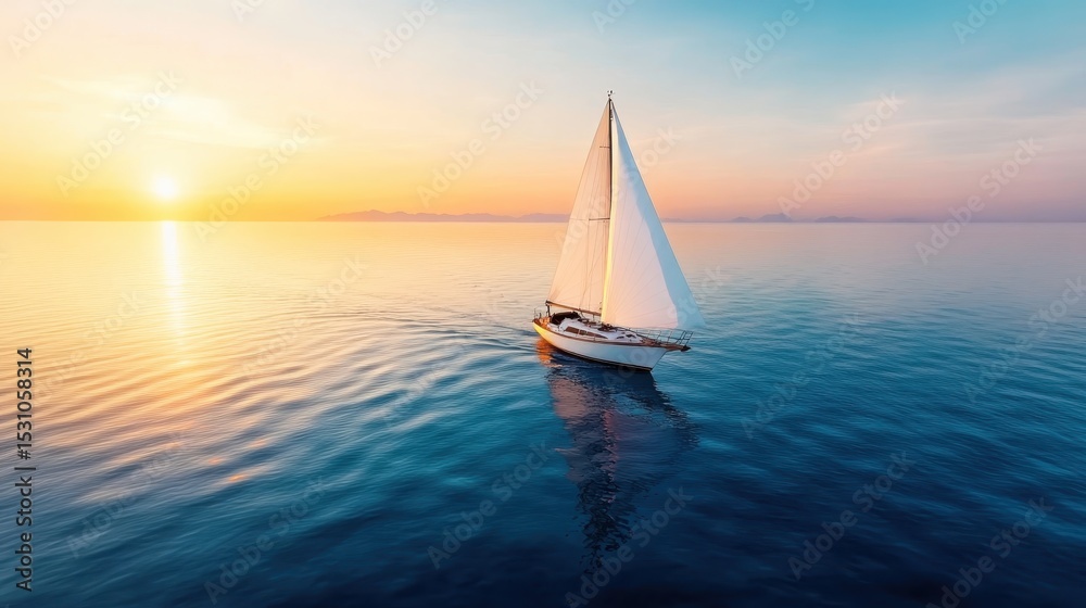 Obraz premium A serene sailing boat glides on the calm ocean waters during sunset, creating a peaceful scene that captures the tranquility and beauty of nature's evening colors.