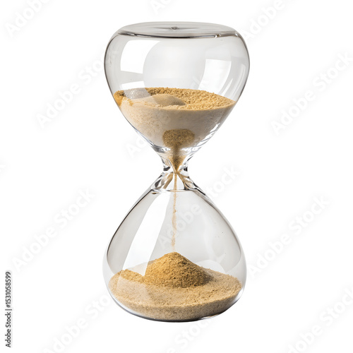 Golden sand trickling through a clear glass hourglass