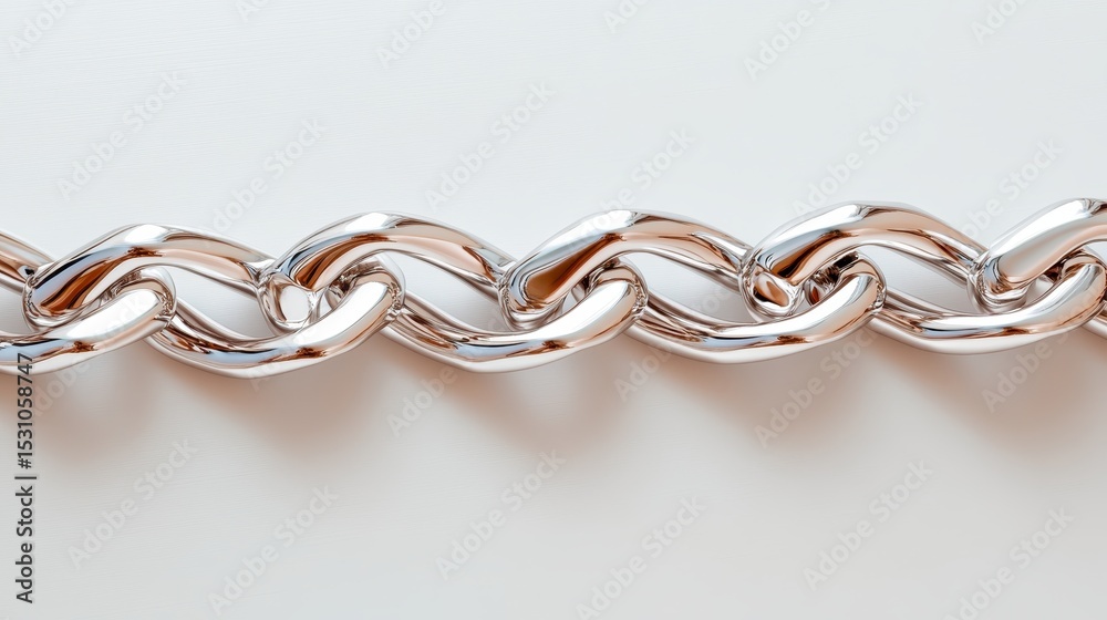 Fototapeta premium A close-up view of a polished silver chain lying on a white surface, showcasing its smooth, reflective texture and interconnected links that symbolize strength and unity.