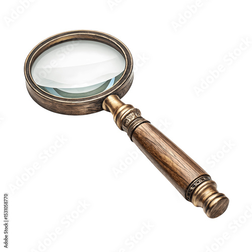 Antique magnifying glass with wooden handle isolated on white