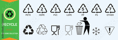 plastic-recycling-symbols-set-vector and cartoon-packaging-symbols-icons-set-vector