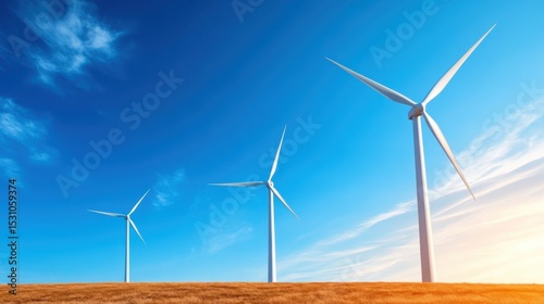 Three wind turbines stand proudly against a vibrant blue sky, embodying renewable energy and sustainable environmental practices for a greener future.