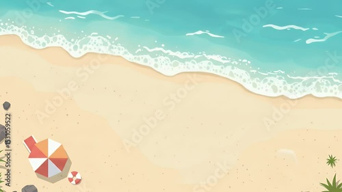 Overhead view of a peaceful sandy beach with turquoise waves and beach accessories perfect for summer vacation or travel illustration