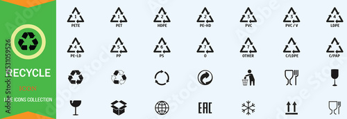 plastic-recycling-symbols-set-vector and cartoon-packaging-symbols-icons-set-vector