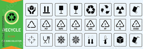 plastic-recycling-symbols-set-vector and cartoon-packaging-symbols-icons-set-vector