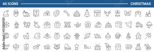 Merry Christmas set of web icons in line style. Xmas icons for web and mobile app. Christ, xmas, santa claus, gift, angel, bell, christmas tree, holiday, fireworks, snow and more. Editable stroke