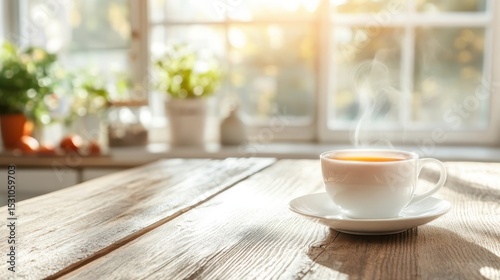Wallpaper Mural A steaming coffee cup placed on a rustic wooden table, set in a cozy kitchen with sunlight streaming through the window, evoking warmth, comfort, and a sense of home serenity. Torontodigital.ca