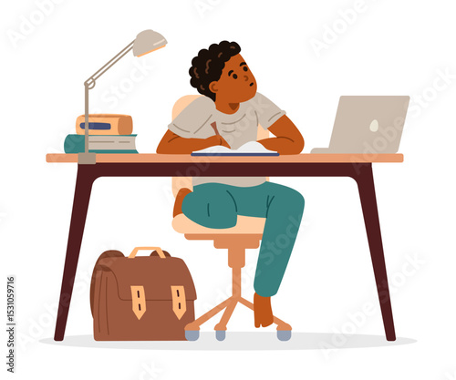 African American school boy studying at home making homework sitting at desk flat vector illustration isolated on white. Primary school kid studying online or homeschooling.
