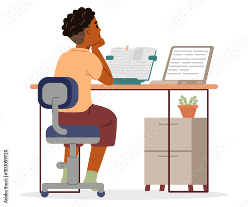 African American school boy studying at home making homework sitting at desk with textbook and laptop flat vector illustration isolated on white. Primary school kid studying online or homeschooling.