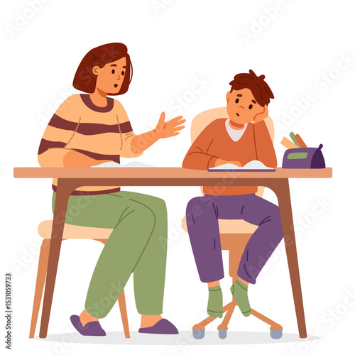 Mather or tutor making homework with primary school boy sitting at desk together flat vector illustration isolated on white.