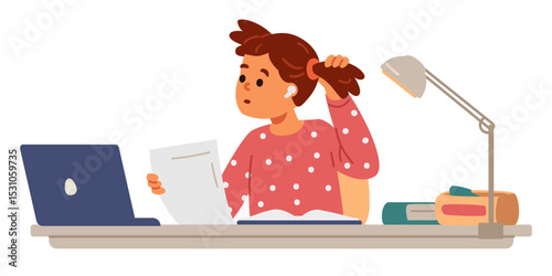 School girl in earphones studying at home making homework sitting at desk and looking to laptop flat vector illustration isolated on white. Primary school kid studying online or homeschooling.