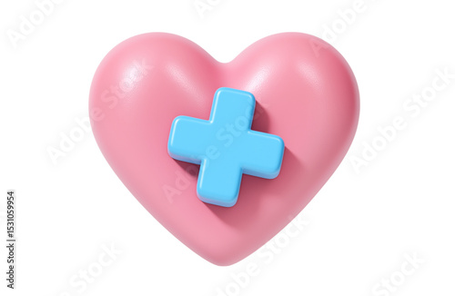 3D health and love heart icon in pink with medical blue plus sign png,transparency,icon