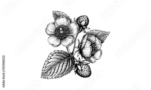 Fragaria Chilensis flower vector illustration, vintage strawberry engraving, chili plant sketch, botanical antique, rare berry art, flora artwork, botanical species, png.