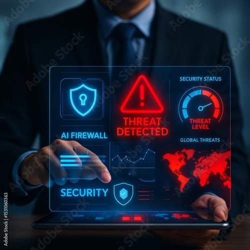 Cybersecurity Alert: A suited professional interacts with an innovative digital interface displaying a 'Threat Detected' alert.