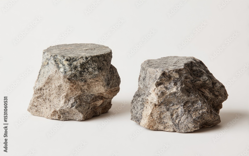 Naklejka premium Two rough-hewn stone pedestals, light gray and taupe, with irregular shapes, on a plain background
