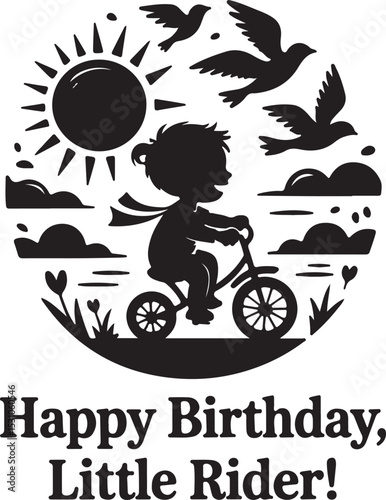 Black and white illustration of a child riding a bicycle with birds and sun in circle art