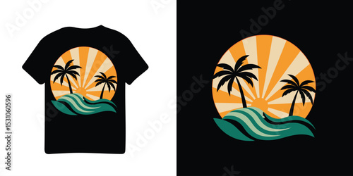 Black t shirt with a palm tree sunset design and a separate design