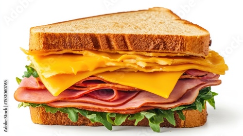 A close-up of a ham and cheese sandwich