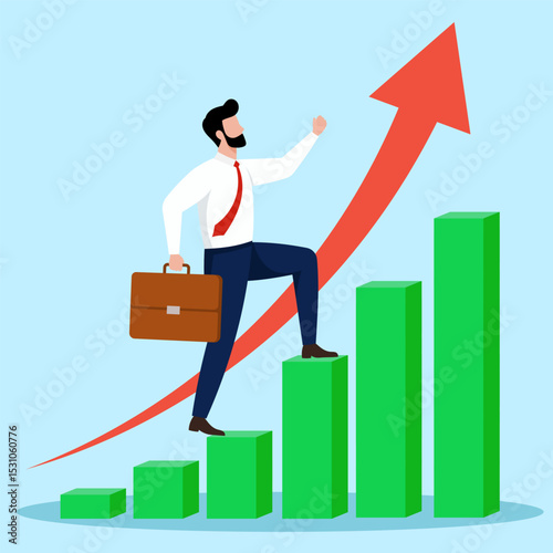Businessman Climbing Growth Chart. Startup Progress and Financial Success