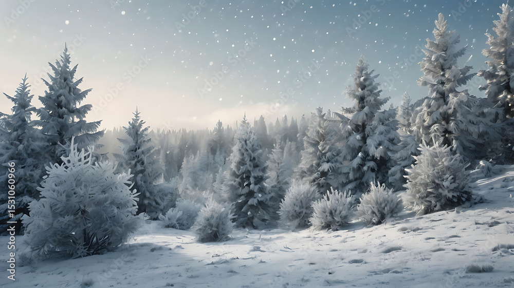 Fototapeta premium Peaceful snowy landscape, frosted pine trees, snow-covered ground, and soft falling snowflakes. Cool tones like white, light blue, and silver with natural lighting or soft glows. Minimal and elegant c