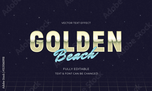 Retro Golden Text Effect. Editable text template with chrome typography and grid background. Synthwave, 80s, Retrowave. Perfect for posters, flyers, banners design. Vector illustration.