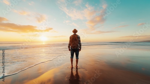 A solitary figure stands barefoot on a sandy beach as the sun sets, symbolizing wanderlust, reflection, and the beauty of nature's vast landscapes and peaceful moments.