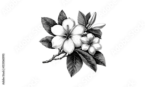 Pittosporum Tobira Flowers, Frangipani, Vintage Botanical Engraving, Vector Illustration, hand-drawn floral etching, classic flower sketch, retro garden design, transparent background.