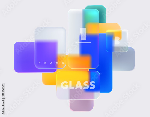 Glass blurry  squares and rectangles on white background. Frame design of 3D geometric shape for your poster, cover and flyer.