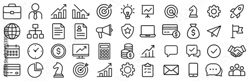 Minimalist business and marketing icon set featuring symbols of strategy finance communication and growth