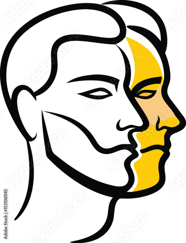 Vector illustration of two human faces in profile representing duality and personality