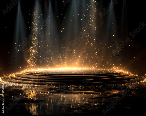 A dramatic stage scene with a winner central golden circular podium made of three stacked layers. Illuminate the podium with five golden spotlights beam