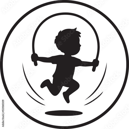 Silhouette of a child jumping rope inside a circle on a white background illustration