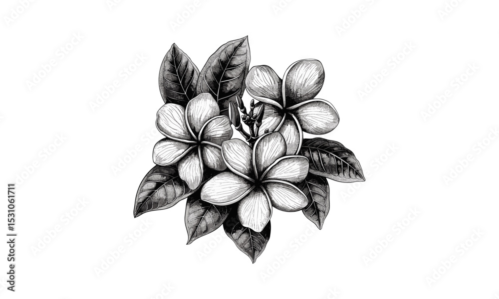 Fototapeta premium Vintage Frangipani Flowers, Tobira, Pittosporum, Engraving Vector Illustration, botanical art print, antique flower drawing, garden plant sketch, floral design, cutout.