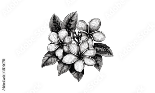 Vintage Frangipani Flowers, Tobira, Pittosporum, Engraving Vector Illustration, botanical art print, antique flower drawing, garden plant sketch, floral design, cutout.
