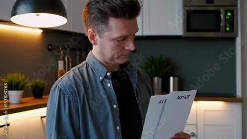 Young Caucasian Male in Kitchen Holding Menu Cards Contemplating Dinner Options                      