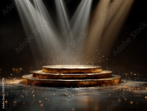 A dramatic stage scene with a winner central golden circular podium made of three stacked layers. Illuminate the podium with five golden spotlights beam