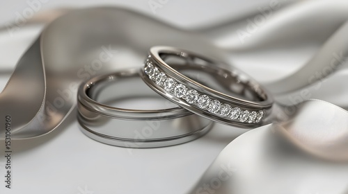 Close-up view of two silver wedding rings with diamond accents resting on a soft, draped white fabric. The image highlights the rings' details and textures.