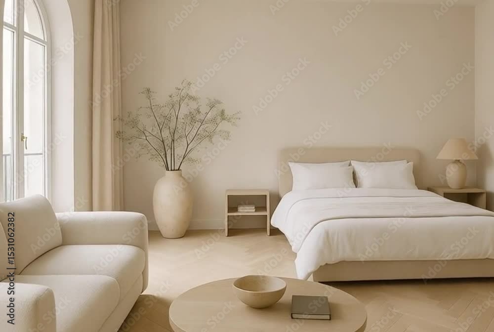 A thoughtfully designed bedroom interior showcasing a comfortable bed paired with a sleek sofa, blending functionality and comfort in a warm, modern setting