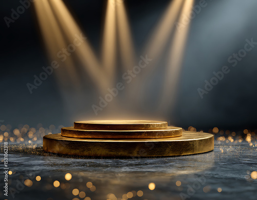 A dramatic stage scene with a winner central golden circular podium made of three stacked layers. Illuminate the podium with five golden spotlights beam