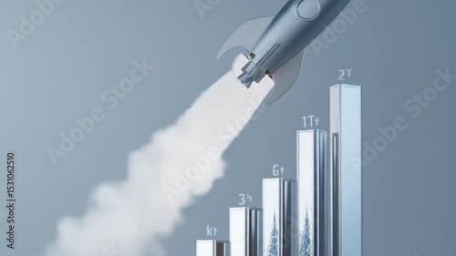 3D shiny silver rocket launches next to tall bar graph. 4k video