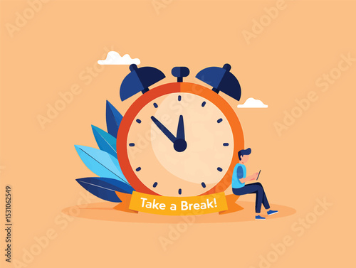 Take a Break Vector Illustration of Person Relaxing with Alarm Clock